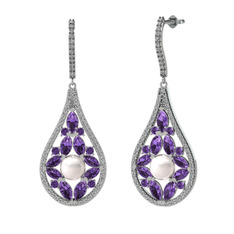 Apodemia İnci Küpe - Inci, ametist ve swarovski 8 ayar beyaz altın küpe #1h90fv6