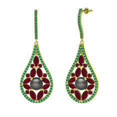 Apodemia İnci Küpe - Siyah inci, kök yakut ve kök zümrüt 8 ayar altın küpe #1hmrts6