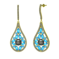 Apodemia İnci Küpe - Siyah inci, akuamarin ve pırlanta 8 ayar altın küpe (1.11 karat) #1i0zltj