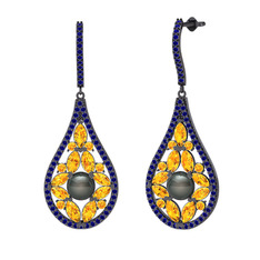 Apodemia İnci Küpe - Siyah inci, sitrin ve lab safir 925 ayar siyah rodyum kaplama gümüş küpe #1i2ml2x