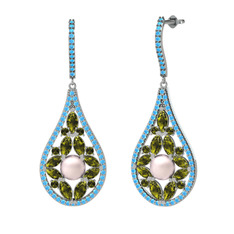 Pembe inci, peridot ve akuamarin 18 ayar beyaz altın küpe