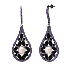 Pembe inci, siyah zirkon ve ametist 925 ayar siyah rodyum kaplama gümüş küpe