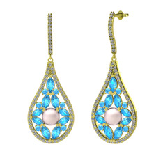 Apodemia İnci Küpe - Pembe inci, akuamarin ve swarovski 18 ayar altın küpe #1jy3a6v