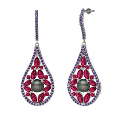 Apodemia İnci Küpe - Siyah inci, rodolit garnet ve ametist 14 ayar beyaz altın küpe #1kkimed