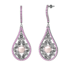 Apodemia İnci Küpe - Pembe inci, swarovski ve pembe kuvars 8 ayar beyaz altın küpe #1kn5j4d