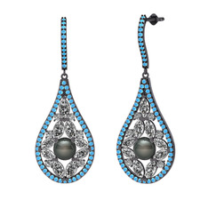 Apodemia İnci Küpe - Siyah inci, beyaz zirkon ve akuamarin 925 ayar siyah rodyum kaplama gümüş küpe #1l6ixyx