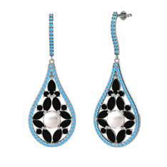 Inci, siyah zirkon ve akuamarin 18 ayar beyaz altın küpe