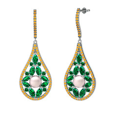 Apodemia İnci Küpe - Pembe inci, yeşil kuvars ve sitrin 14 ayar beyaz altın küpe #1ltkmph