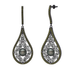 Apodemia İnci Küpe - Siyah inci, swarovski ve peridot 925 ayar siyah rodyum kaplama gümüş küpe #1lzbeiz