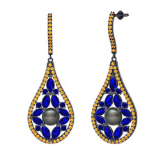 Apodemia İnci Küpe - Siyah inci, lab safir ve sitrin 925 ayar siyah rodyum kaplama gümüş küpe #1mk4a2b