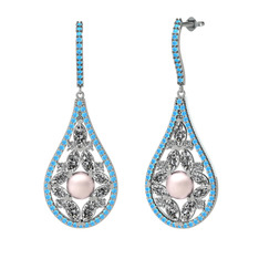 Apodemia İnci Küpe - Pembe inci, swarovski ve akuamarin 14 ayar beyaz altın küpe #1msi2uo