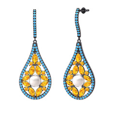 Apodemia İnci Küpe - Inci, sitrin ve akuamarin 925 ayar siyah rodyum kaplama gümüş küpe #1mwti1v