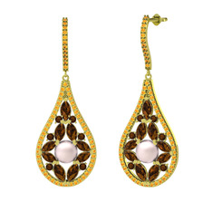 Pembe inci, dumanlı kuvars ve sitrin 8 ayar altın küpe