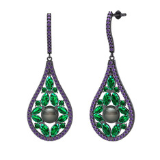 Apodemia İnci Küpe - Siyah inci, yeşil kuvars ve ametist 925 ayar siyah rodyum kaplama gümüş küpe #1n3vuaz