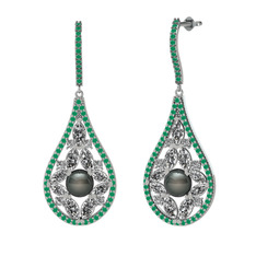 Apodemia İnci Küpe - Siyah inci, beyaz zirkon ve kök zümrüt 18 ayar beyaz altın küpe #1nmqdf9