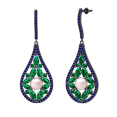 Apodemia İnci Küpe - Pembe inci, yeşil kuvars ve lab safir 925 ayar siyah rodyum kaplama gümüş küpe #1nz6ped