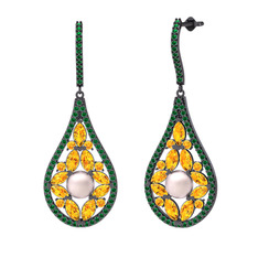 Apodemia İnci Küpe - Pembe inci, sitrin ve yeşil kuvars 925 ayar siyah rodyum kaplama gümüş küpe #1o5ko2n