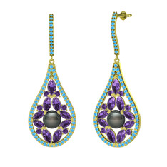 Apodemia İnci Küpe - Siyah inci, ametist ve akuamarin 14 ayar altın küpe #1o9epnw