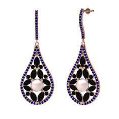 Apodemia İnci Küpe - Pembe inci, siyah zirkon ve lab safir 18 ayar rose altın küpe #1o9r1zz