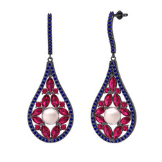 Pembe inci, rodolit garnet ve lab safir 925 ayar siyah rodyum kaplama gümüş küpe