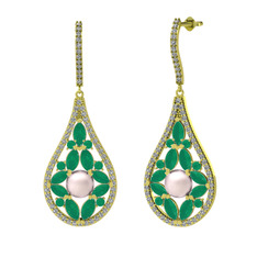 Pembe inci, kök zümrüt ve beyaz zirkon 18 ayar altın küpe