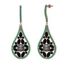 Apodemia İnci Küpe - Siyah inci, siyah zirkon ve kök zümrüt 925 ayar rose altın kaplama gümüş küpe #1ouzoz5