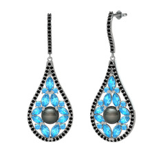 Apodemia İnci Küpe - Siyah inci, akuamarin ve siyah zirkon 8 ayar beyaz altın küpe #1pdm5n7