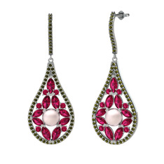 Apodemia İnci Küpe - Pembe inci, rodolit garnet ve peridot 8 ayar beyaz altın küpe #1ph037s