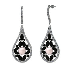 Apodemia İnci Küpe - Pembe inci, siyah zirkon ve pırlanta 8 ayar beyaz altın küpe (1.11 karat) #1phunpl