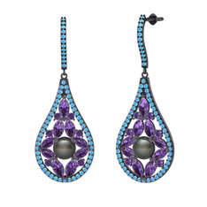 Apodemia İnci Küpe - Siyah inci, ametist ve akuamarin 925 ayar siyah rodyum kaplama gümüş küpe #1po31it