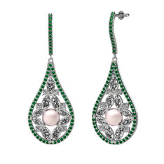 Apodemia İnci Küpe - Pembe inci, beyaz zirkon ve yeşil kuvars 14 ayar beyaz altın küpe #1qkwch2