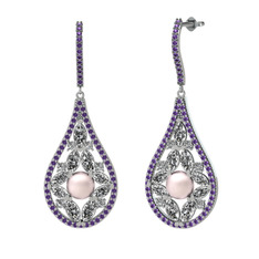 Pembe inci, swarovski ve ametist 8 ayar beyaz altın küpe