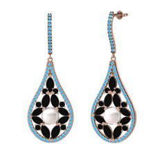 Inci, siyah zirkon ve akuamarin 925 ayar rose altın kaplama gümüş küpe