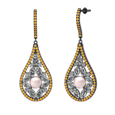 Pembe inci, swarovski ve sitrin 925 ayar siyah rodyum kaplama gümüş küpe