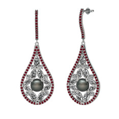Apodemia İnci Küpe - Siyah inci, swarovski ve kök yakut 14 ayar beyaz altın küpe #1rnigps