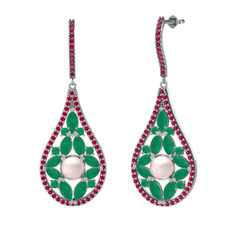 Apodemia İnci Küpe - Pembe inci, kök zümrüt ve rodolit garnet 18 ayar beyaz altın küpe #1sb543u