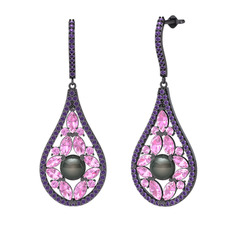 Siyah inci, pembe kuvars ve ametist 925 ayar siyah rodyum kaplama gümüş küpe