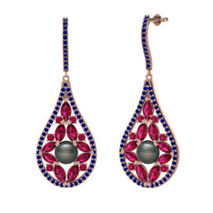 Apodemia İnci Küpe - Siyah inci, rodolit garnet ve lab safir 8 ayar rose altın küpe #1skqhnw