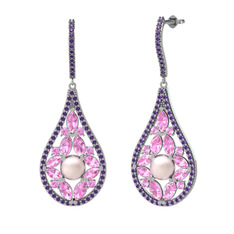 Pembe inci, pembe kuvars ve ametist 8 ayar beyaz altın küpe