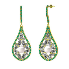 Apodemia İnci Küpe - Inci, beyaz zirkon ve kök zümrüt 8 ayar altın küpe #1swx2a5