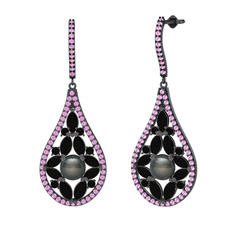 Apodemia İnci Küpe - Siyah inci, siyah zirkon ve pembe kuvars 925 ayar siyah rodyum kaplama gümüş küpe #1t5rguy