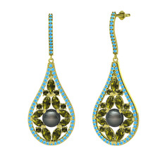 Apodemia İnci Küpe - Siyah inci, peridot ve akuamarin 8 ayar altın küpe #1t73yhi