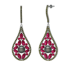 Apodemia İnci Küpe - Siyah inci, rodolit garnet ve peridot 14 ayar beyaz altın küpe #1tevt11