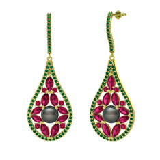 Apodemia İnci Küpe - Siyah inci, rodolit garnet ve yeşil kuvars 925 ayar altın kaplama gümüş küpe #1tmajla