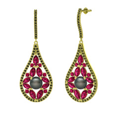 Siyah inci, rodolit garnet ve peridot 8 ayar altın küpe