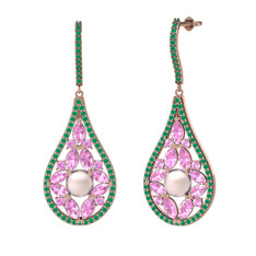 Apodemia İnci Küpe - Pembe inci, pembe kuvars ve kök zümrüt 925 ayar rose altın kaplama gümüş küpe #1tw5g80