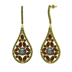 Apodemia İnci Küpe - Siyah inci, dumanlı kuvars ve peridot 8 ayar altın küpe #1u5so0b