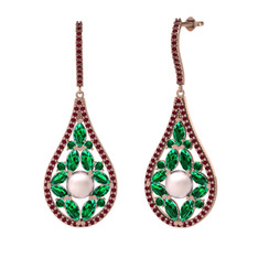 Apodemia İnci Küpe - Pembe inci, yeşil kuvars ve kök yakut 8 ayar rose altın küpe #1u99hd3