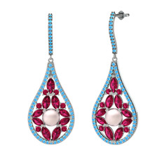 Apodemia İnci Küpe - Pembe inci, rodolit garnet ve akuamarin 18 ayar beyaz altın küpe #1uhl2jv