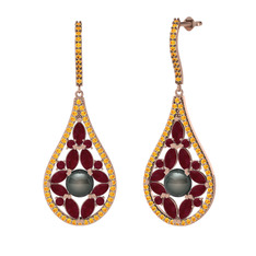 Apodemia İnci Küpe - Siyah inci, kök yakut ve sitrin 18 ayar rose altın küpe #1vrkiit